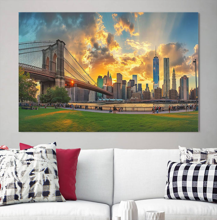 The "Brooklyn Bridge New York Skyline Wall Art" is a ready-to-hang framed canvas print that beautifully captures the cityscape at sunset, showcasing the iconic Brooklyn Bridge and majestic skyscrapers.