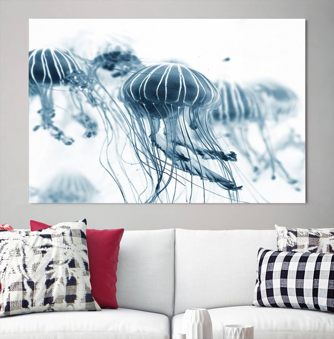 The Abstract Jellyfish Wall Art Canvas Print, a three-panel piece featuring high-resolution printing, hangs elegantly in the room, adding vibrant detail to the space.