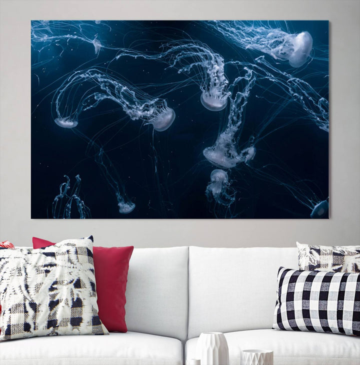 Room with modern decor, featuring the Abstract Jellyfish in Ocean Wall Art Canvas Print on museum-quality canvas.