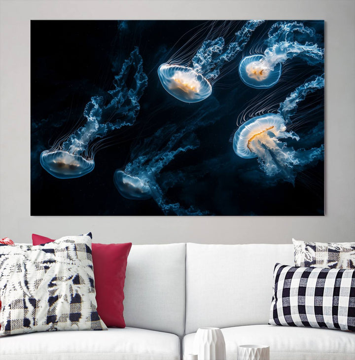 The "Jellyfish Wall Art Canvas Print," featuring a sea-themed design of glowing jellyfish, is displayed in high-resolution on museum-quality canvas.