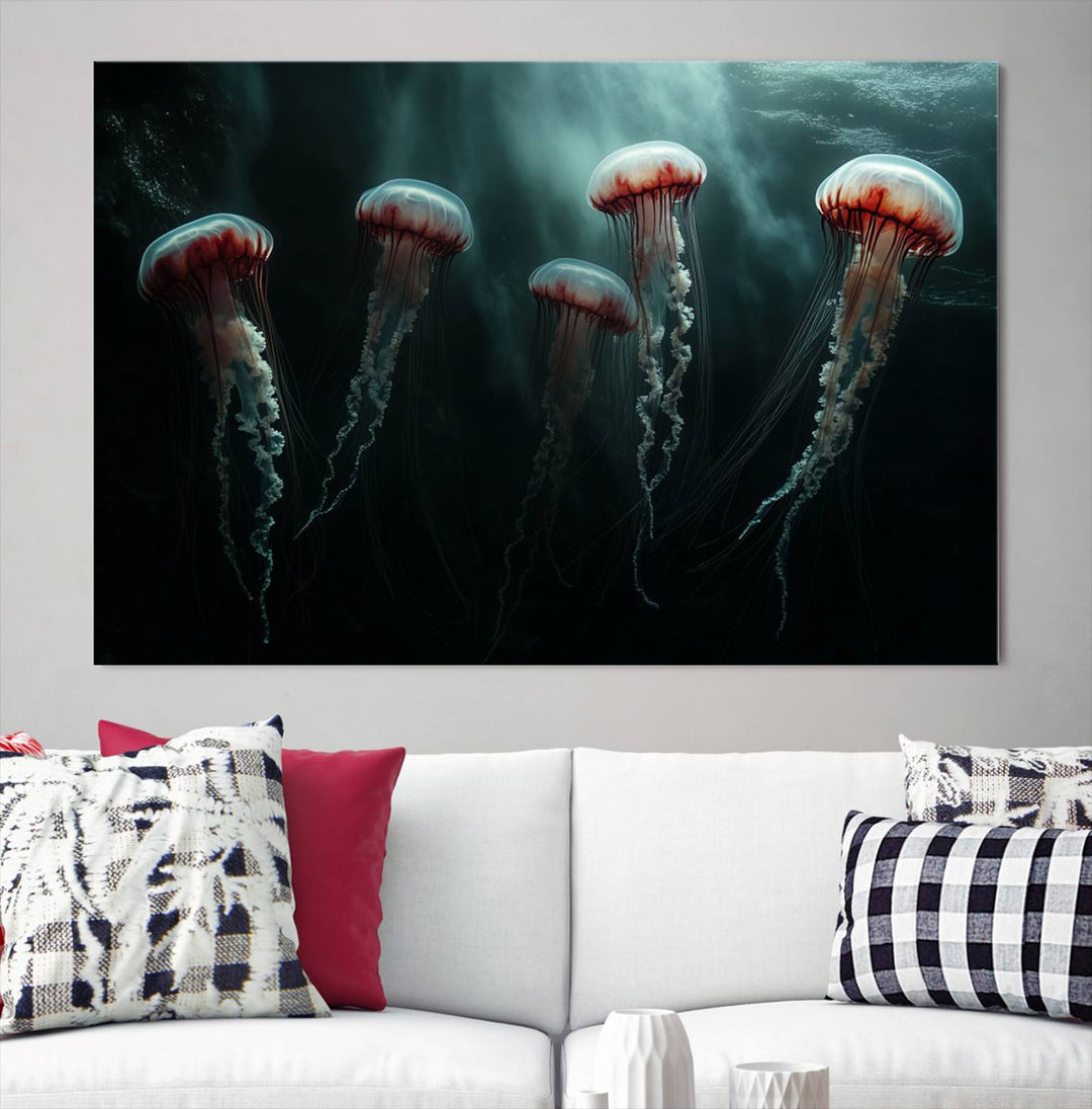 The Abstract Jellyfish Wall Art Canvas Print, framed in the USA and showcased on museum-quality canvas with high-resolution printing, adds a decorative touch to the space.