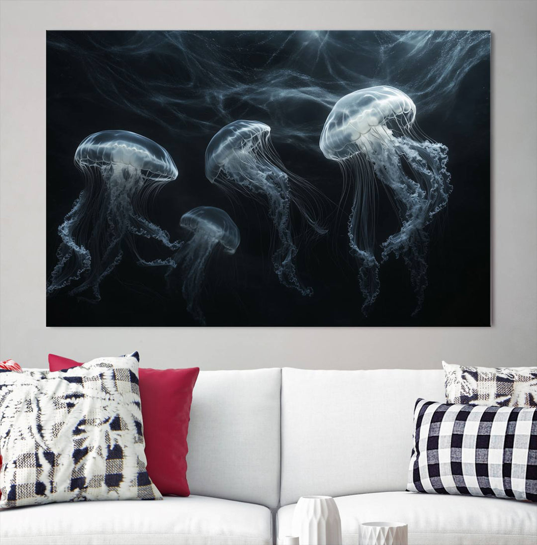 The Jellyfish Wall Art Canvas Print features glowing jellyfish in vibrant colors on museum-quality canvas.