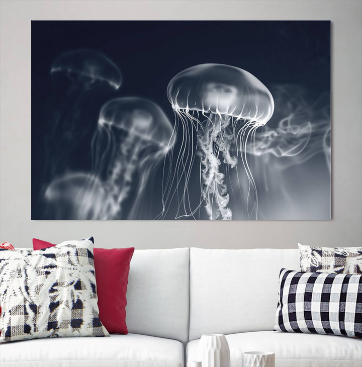 A stunning Jellyfish Wall Art Canvas Print showcases museum-quality canvas through high-resolution printing.