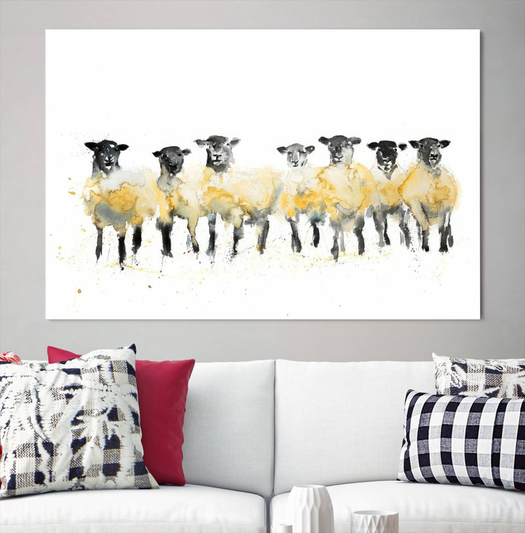 The Farmhouse Wall Art Sheep Print, ready to hang as a framed canvas, adorns the black wall, adding a hint of rustic barn decor.