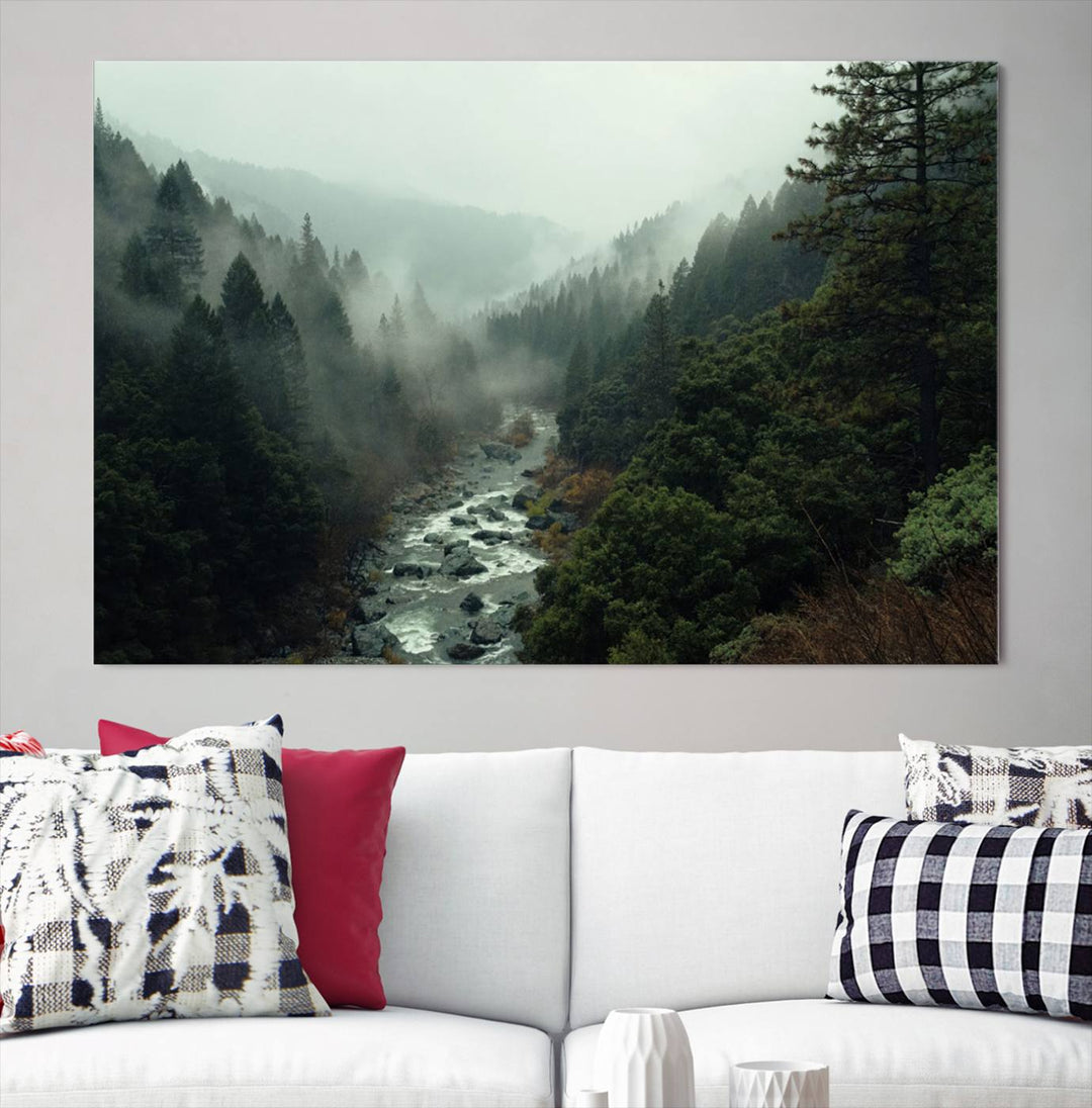 Misty Forest Wall Art | Ready to Hang and Framed | Tranquil Nature Landscape for Living Room or Cabin Wall Decor