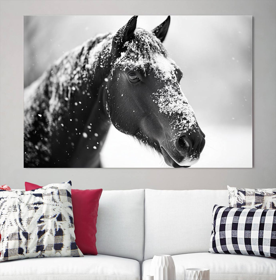 A set of Winter Horse Snow Wall Art Canvas Prints hangs, creating the perfect touch of Rustic Cabin Decor.