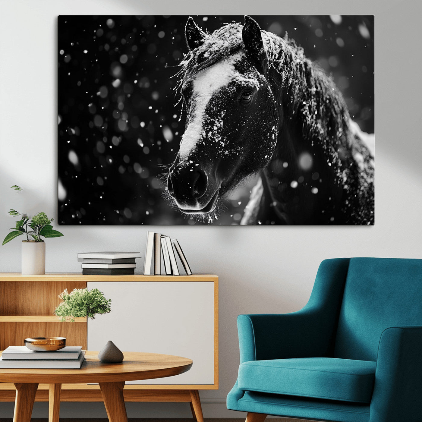 MGV-CV-36X24 - Winter Horse Wall Art | Black and White Horse Print | Ready to Hang and Framed | Farmhouse Wall Art
