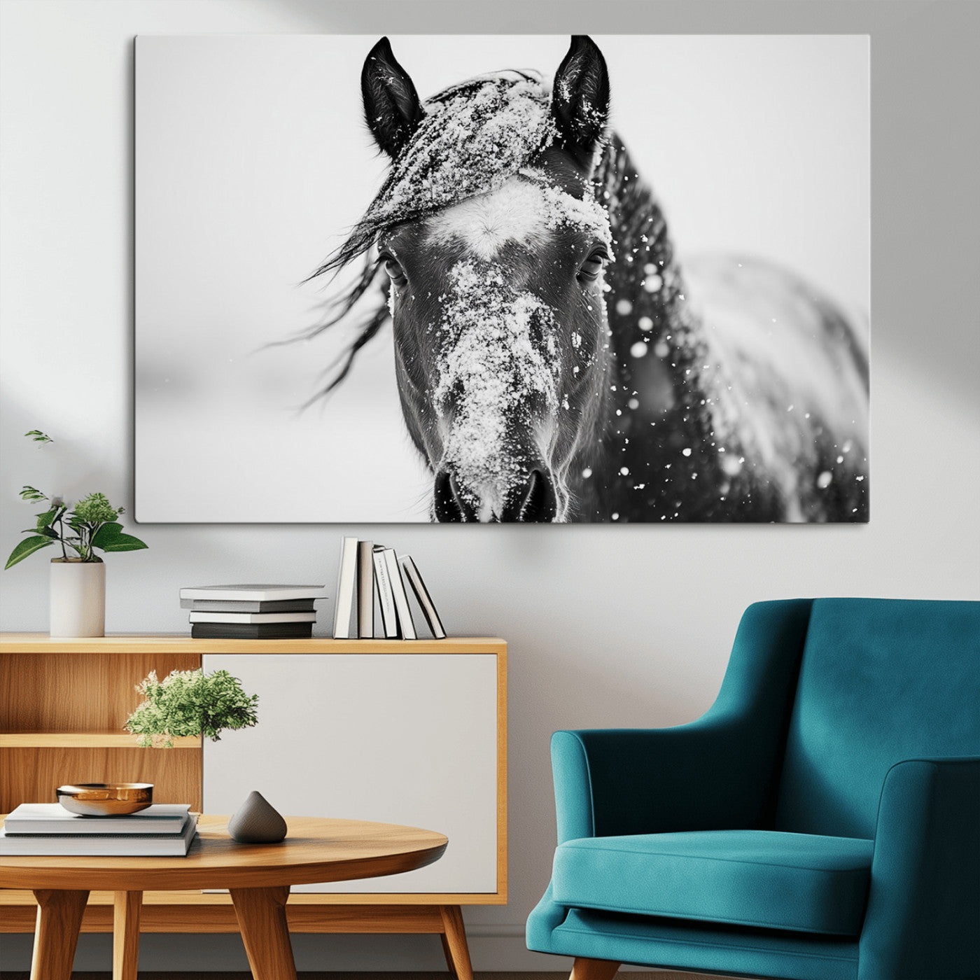 MGV-CV-36X24 - Western Wall Art | Black and White Winter Horse Wall Art | Ready to Hang and Framed | Farmhouse and