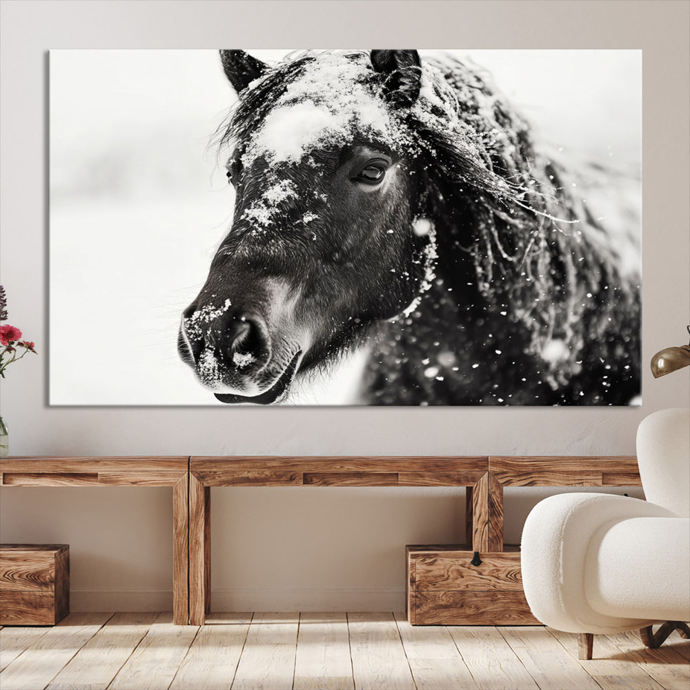 The wall art is a Black and White Horse piece, framed and ready to hang.