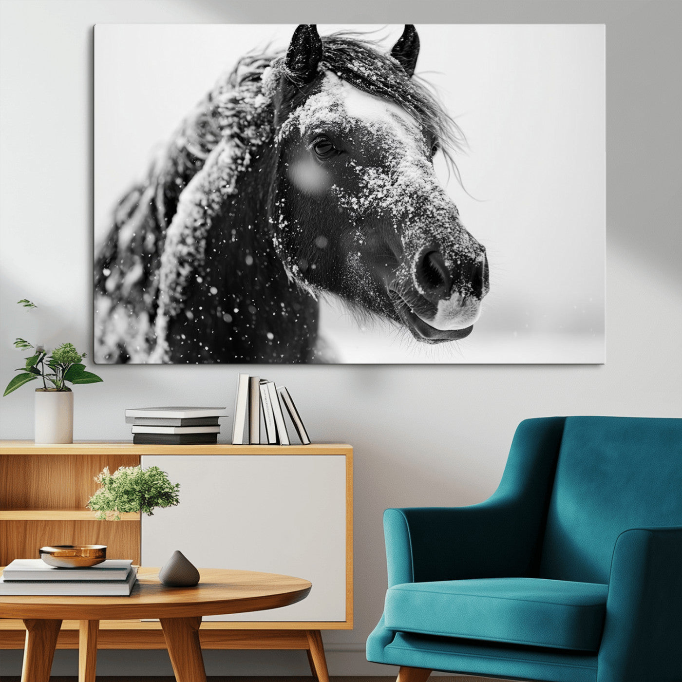 MGV-CV-36X24 - Winter Horse Canvas Print | Large 3-Panel Black White Equine Photography for Rustic Farmhouse Wall
