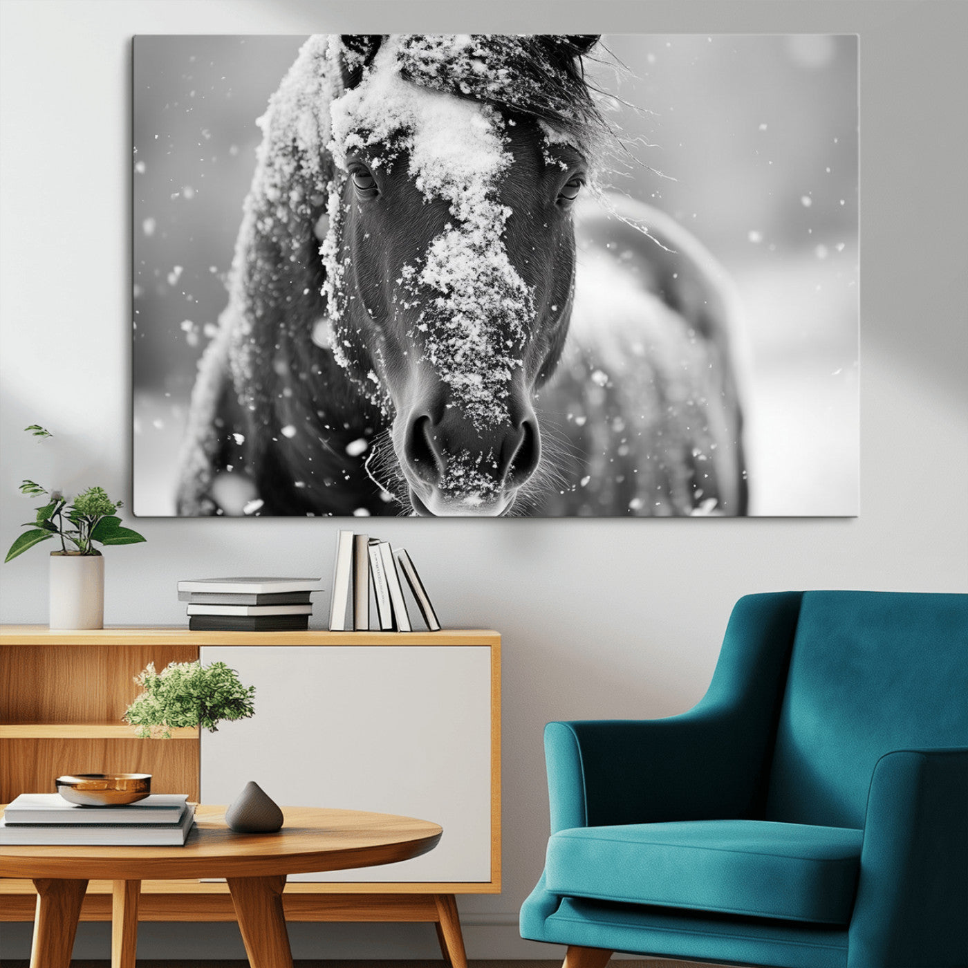 MGV-CV-36X24 - Black and White Horse Winter Wall Art | Ready to Hang and Framed | Farmhouse Wall Decor | Western