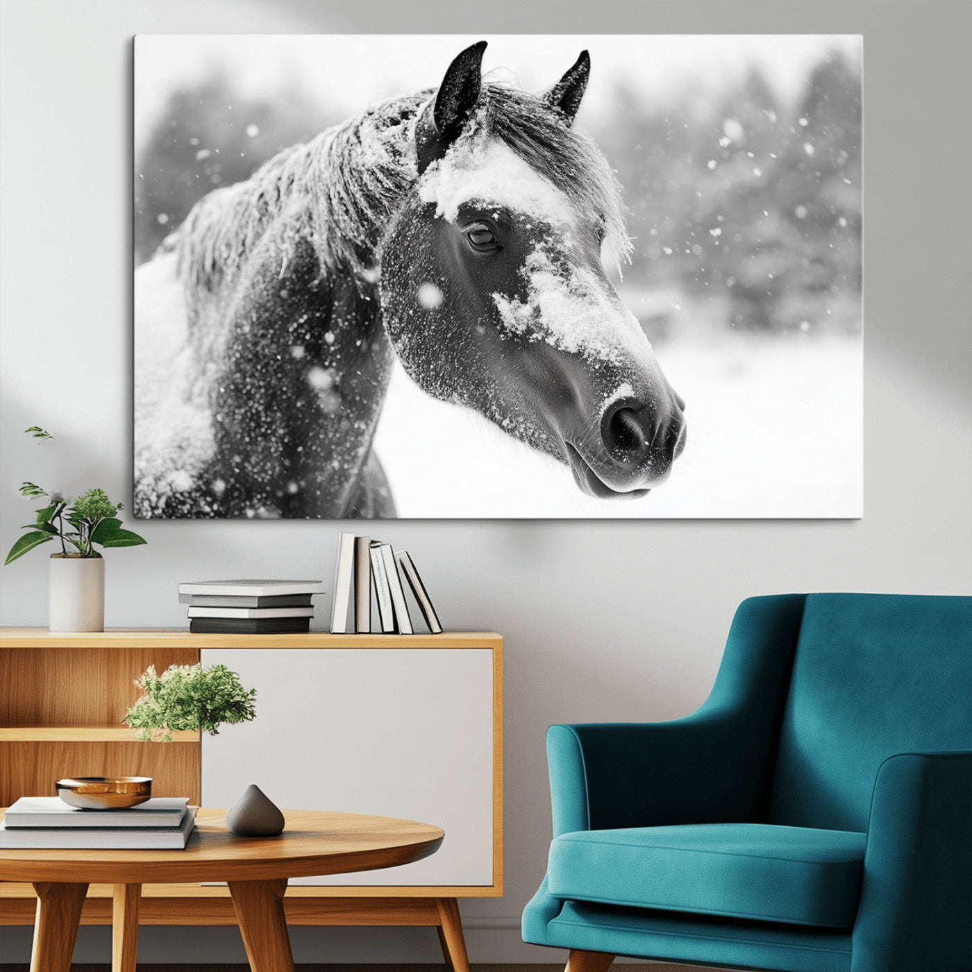 MGV-CV-36X24 - Black Horse Winter Wall Art | Ready to Hang and Framed | Farmhouse and Western Wall Decor for Living