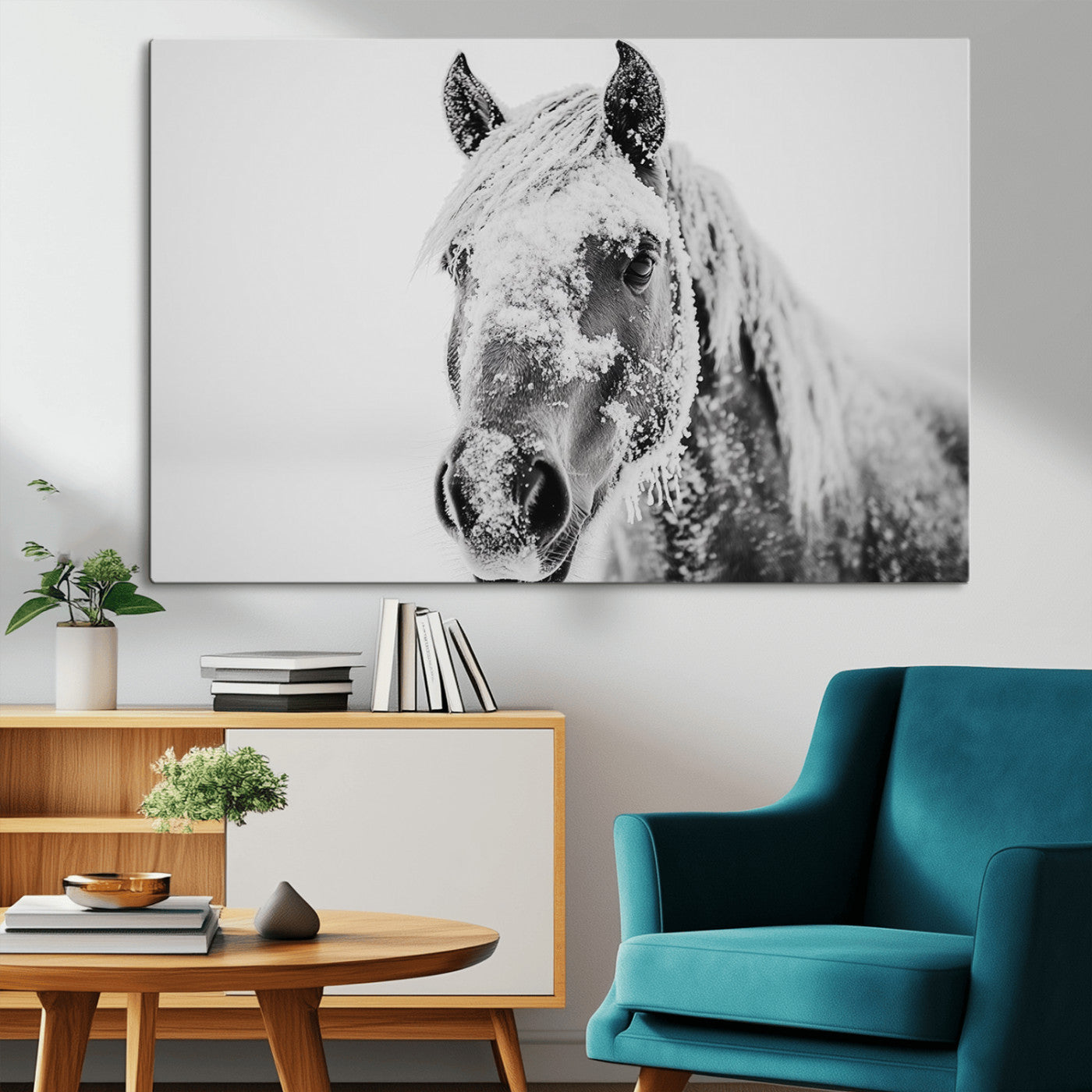 MGV-CV-36X24 - White Horse Wall Art | Ready to Hang and Framed | Winter Horse Wall Art Print for Farmhouse and