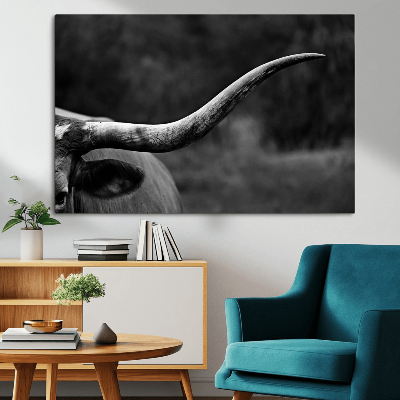 MGV-CV-36X24 - Cow Longhorn Wall Art | Black and White Print | Ready to Hang and Framed | Farmhouse Wall Decor |