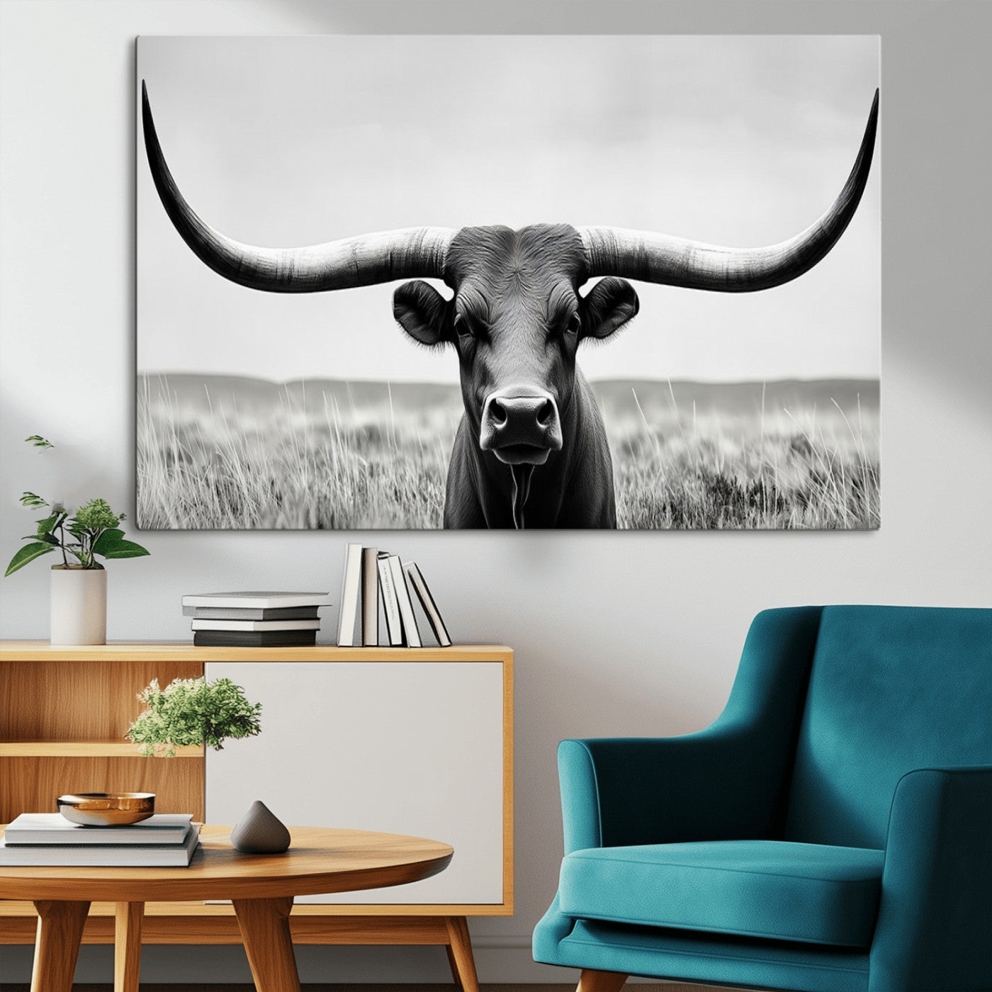 -Longhorn Bull Canvas Print | Rustic Farmhouse Wall Art | Western Decor | Ready to Hang and Framed