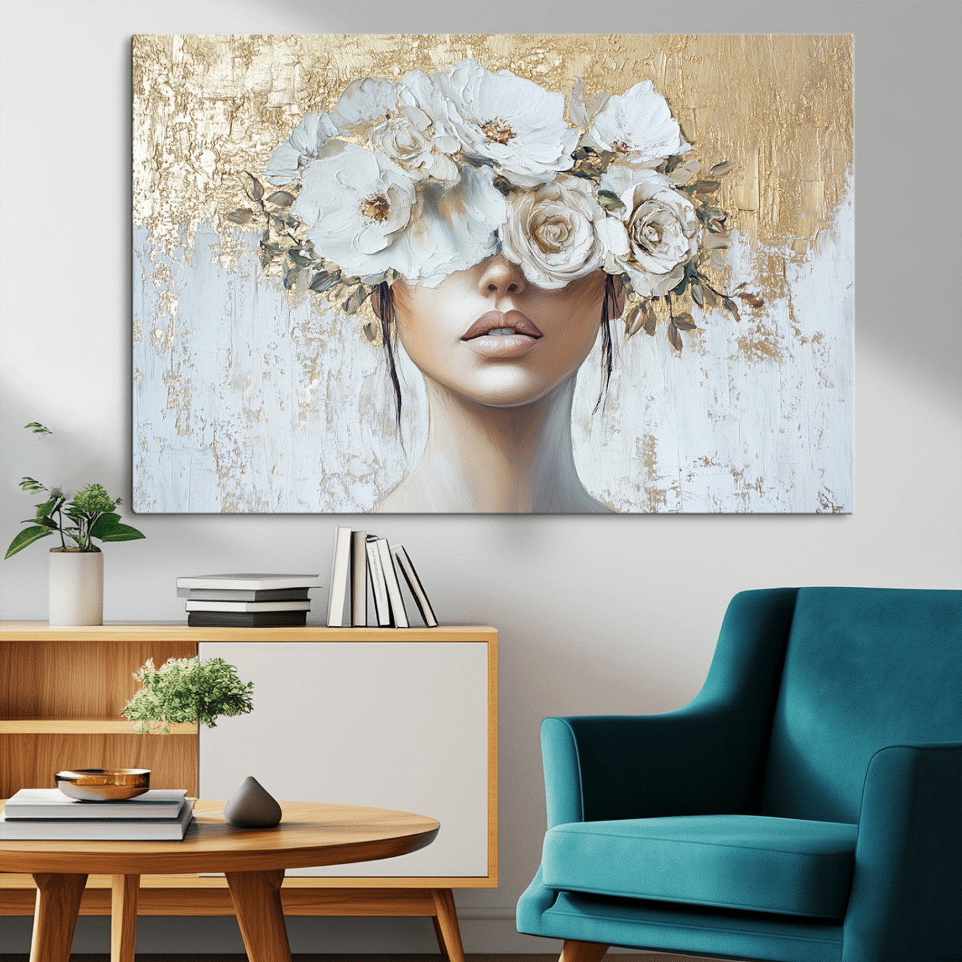MGV-CV-36X24 - Golden Petal Wall Art - Canvas Print Flower Head Woman Painting Floral Woman Portrait Wall Decor,