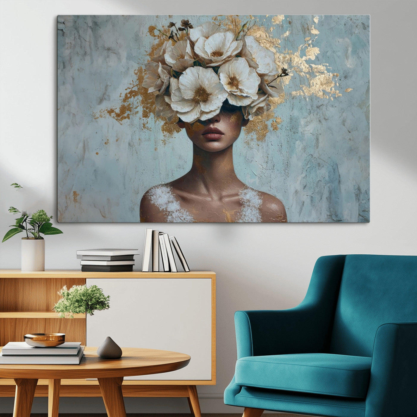 MGV-CV-36X24 - Golden Petal Wall Art - Petal Silhouette Woman Wall Art Canvas Print | Large 3-Panel Canvas with