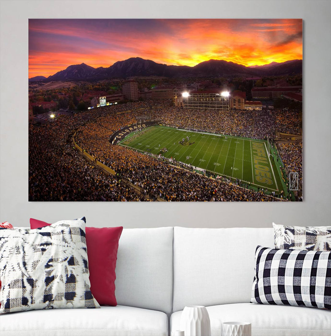 The living room showcases a lively wall art canvas print titled "Folsom Field - University of Colorado Buffaloes Football Stadium," capturing the essence of the University of Colorado.