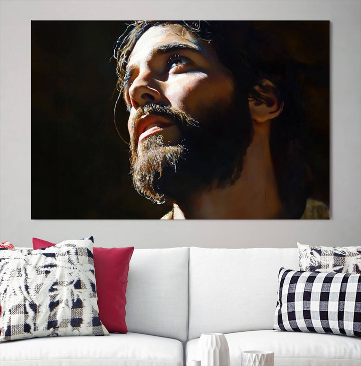 The Jesus Portrait Wall Art Canvas Print features a thoughtful depiction of Jesus Christ in an oil painting style, adding an inspirational religious touch to the decor.