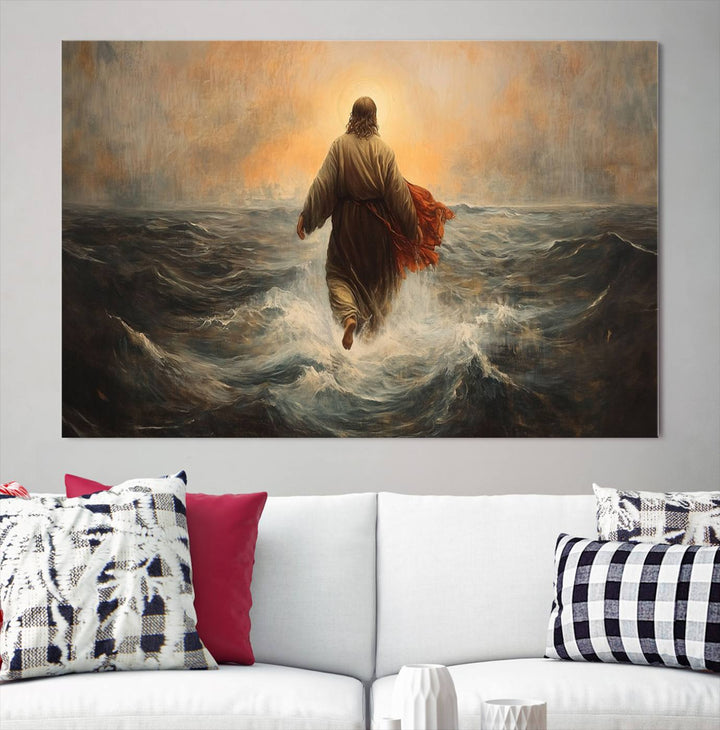 A modern living room is adorned with a triptych titled "Jesus Walking on Water, Christian Wall Art, Jesus Christ Walking on Oil Painting Style Print." The artwork, presented on museum-quality canvas, showcases vibrant colors and exquisite detail.