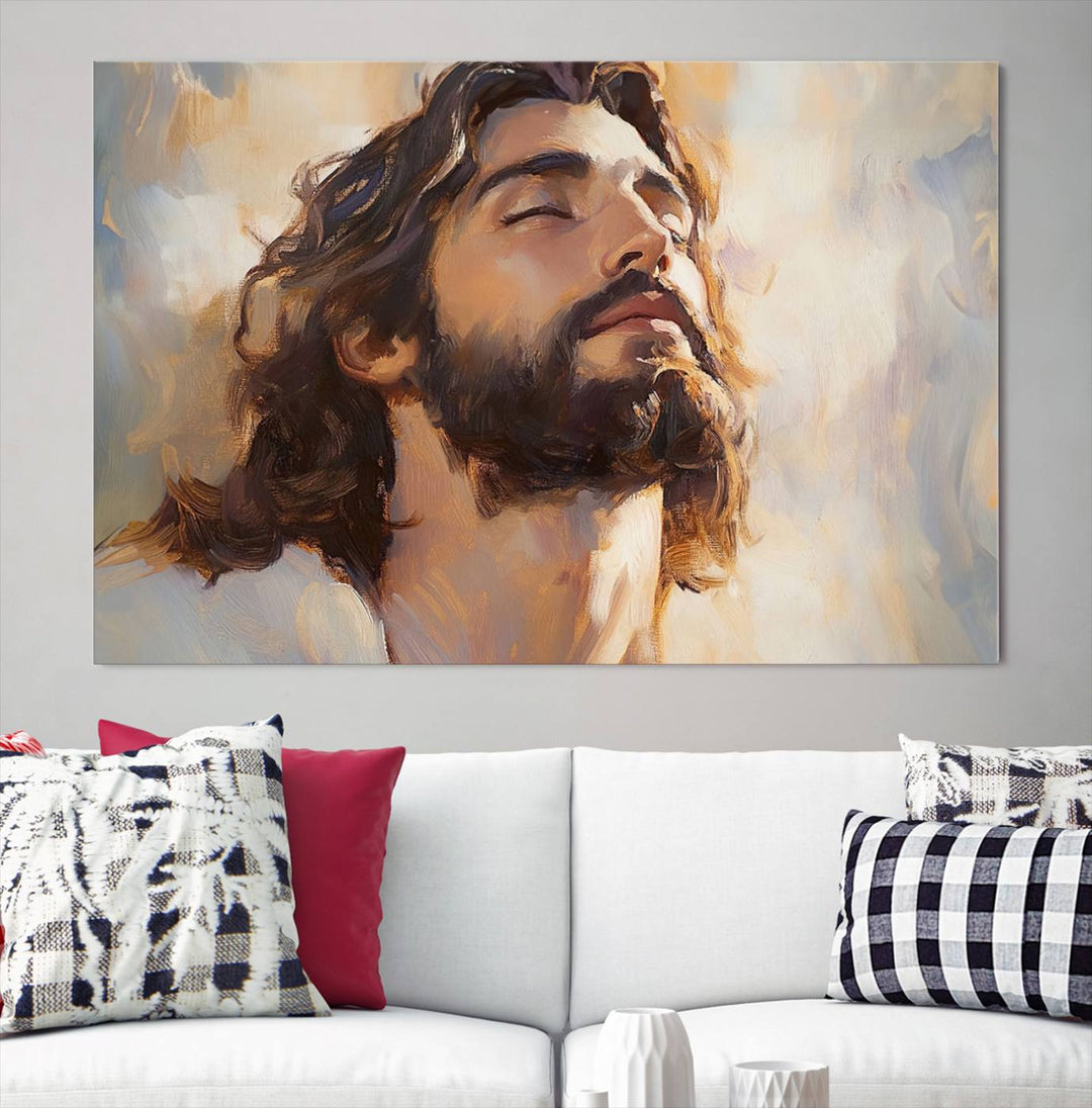 This museum-quality canvas print, titled "Jesus Portrait," features an oil painting style depiction of Jesus Christ with a closed-eyed expression. The high-resolution printing captures every detail beautifully.