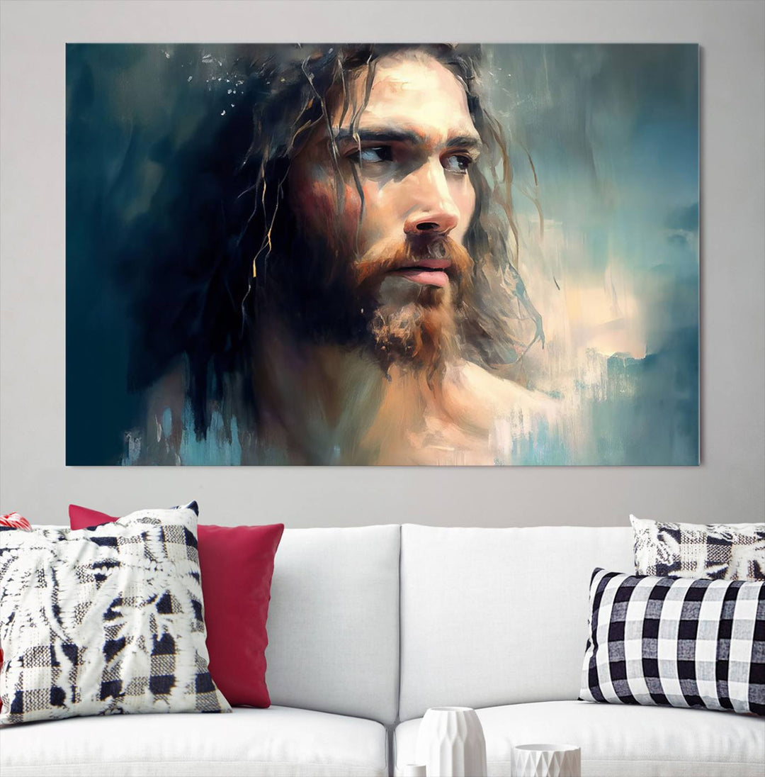 The Jesus Portrait Wall Art Canvas Print, featuring a depiction of a man with long hair and a beard, is showcased on a wooden wall. This Christian Wall Art is rendered on museum-quality canvas, highlighting the mastery of high-resolution printing in an oil painting style.