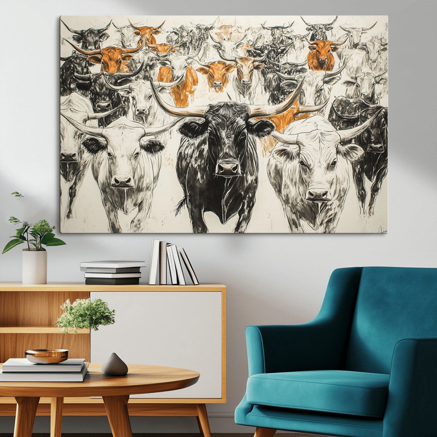 MGV-CV-36X24 - Texas Longhorn Wall Art - Herd Canvas Wall Art Print - Abstract Cow Drawing Wall Art Print for