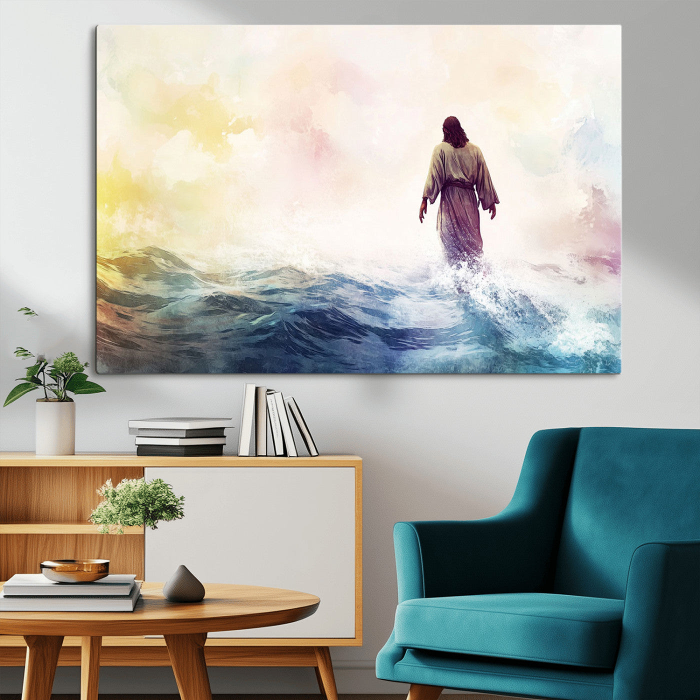 MGV-CV-36X24 - Watercolor Jesus Walking on Water Canvas Print, Christian Wall Art, Jesus Christ Walking