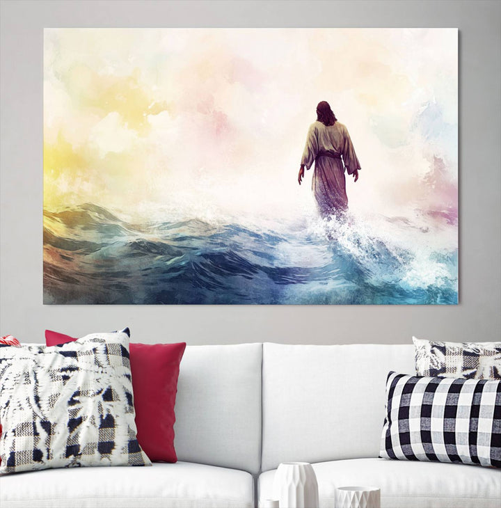 Watercolor Jesus Walking on Water Canvas Print, Christian Wall Art, Jesus Christ Walking