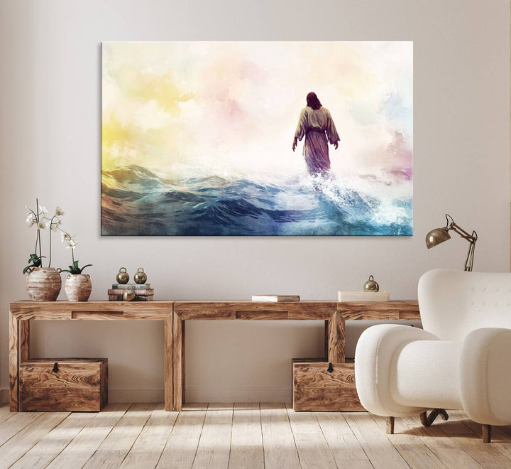 A robed figure strides on water in gentle waves, evoking the Watercolor Jesus Walking on Water canvas art.