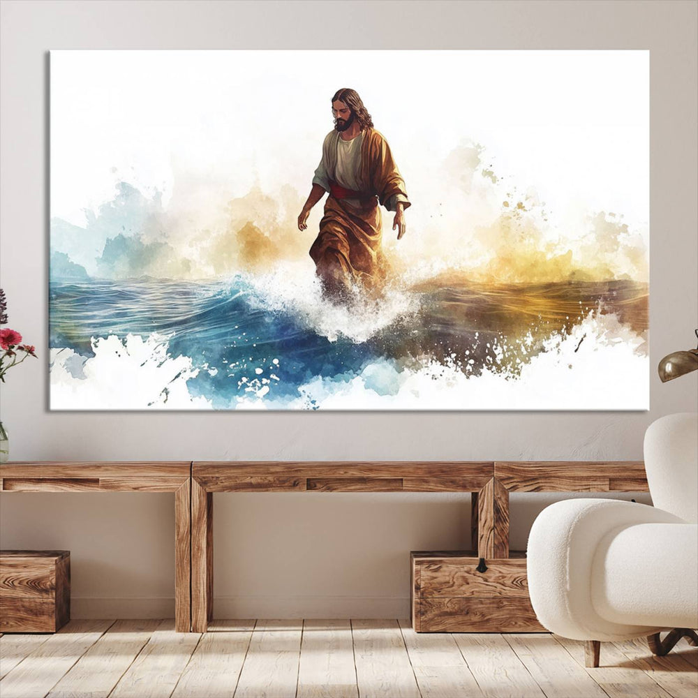 This watercolor canvas print depicts Jesus walking, characterized by abstract splashes against a serene background. It serves as a beautiful piece of Christian wall art.