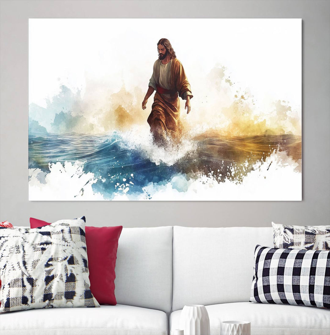 Watercolor Jesus Walking on Water Canvas Print, Christian Wall Art, Jesus Christ Walking