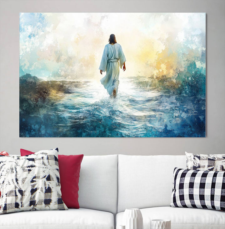 Watercolor Jesus Walking on Water Canvas Print, Christian Wall Art, Jesus Christ Walking