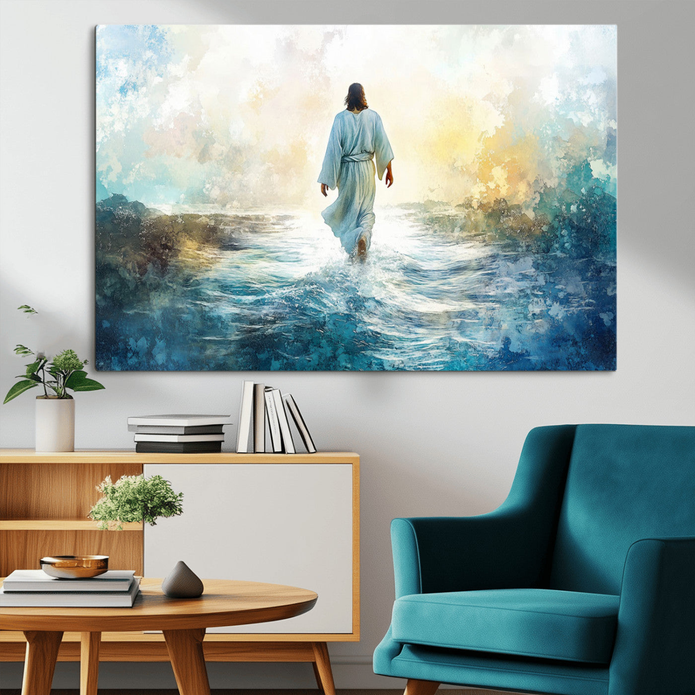 MGV-CV-36X24 - Watercolor Jesus Walking on Water Canvas Print, Christian Wall Art, Jesus Christ Walking