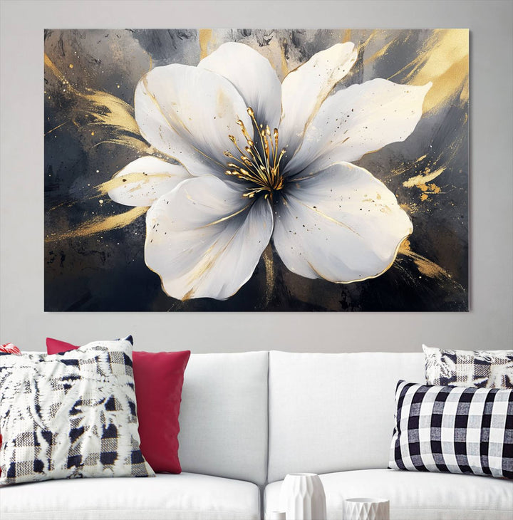 White Flower Wall Art | Canvas Print | Ready to Hang | Abstract Floral Wall Decor | Elegant Bloom Artwork | Framed for Living Room or Bedroom