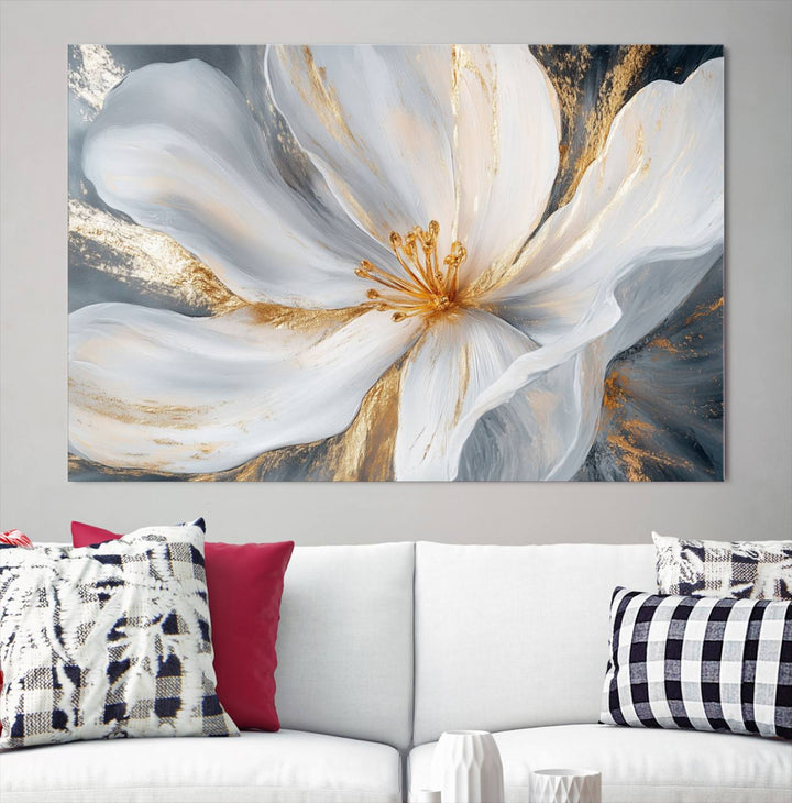 White and Gold Floral Canvas Wall Art - Framed and Ready to Hang - Perfect for Modern Living Rooms