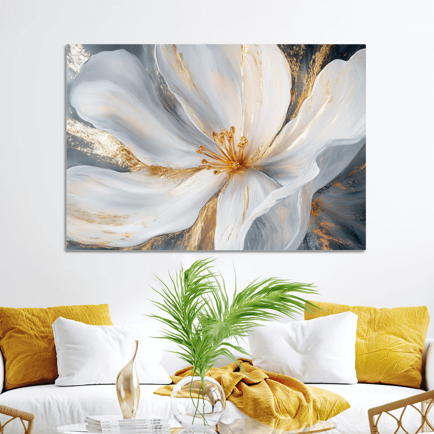 83149-MGV-CV-36X24-White and Gold Floral Canvas Wall Art - Framed and Ready to Hang - Perfect for Modern Living Rooms