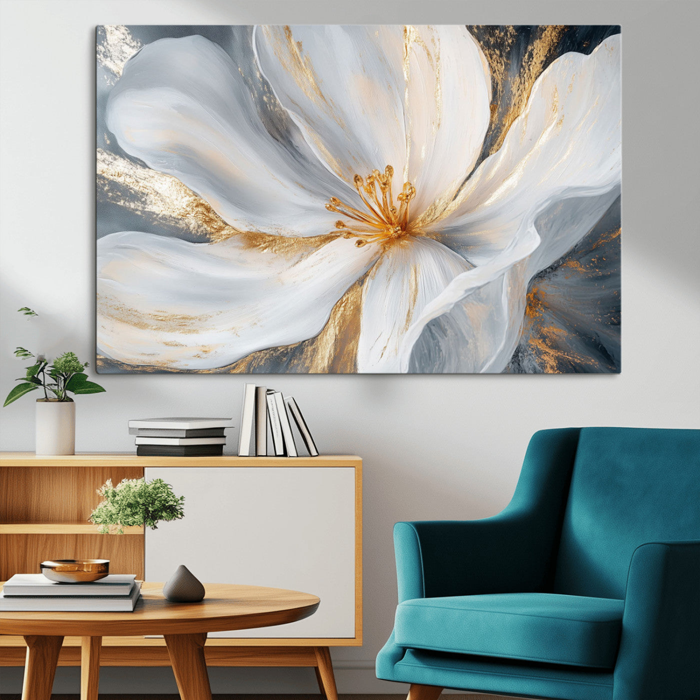 MGV-CV-36X24 - White and Gold Floral Canvas Wall Art - Framed and Ready to Hang - Perfect for Modern Living Rooms