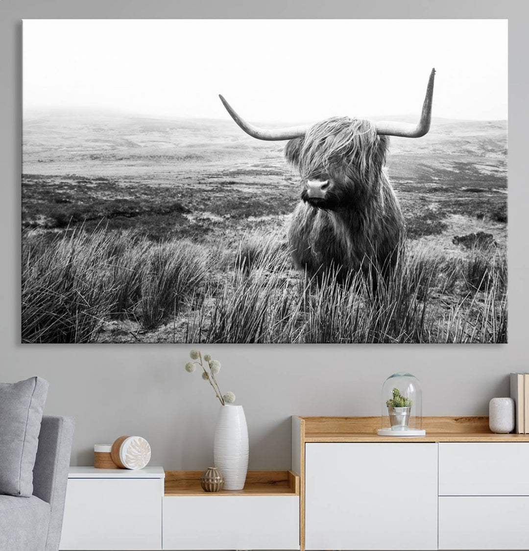 Scottish Highland Cow Wall Art | Black and White Canvas Print | Ready to Hang and Framed | Rustic Farmhouse Wall Decor for Living Room or Office