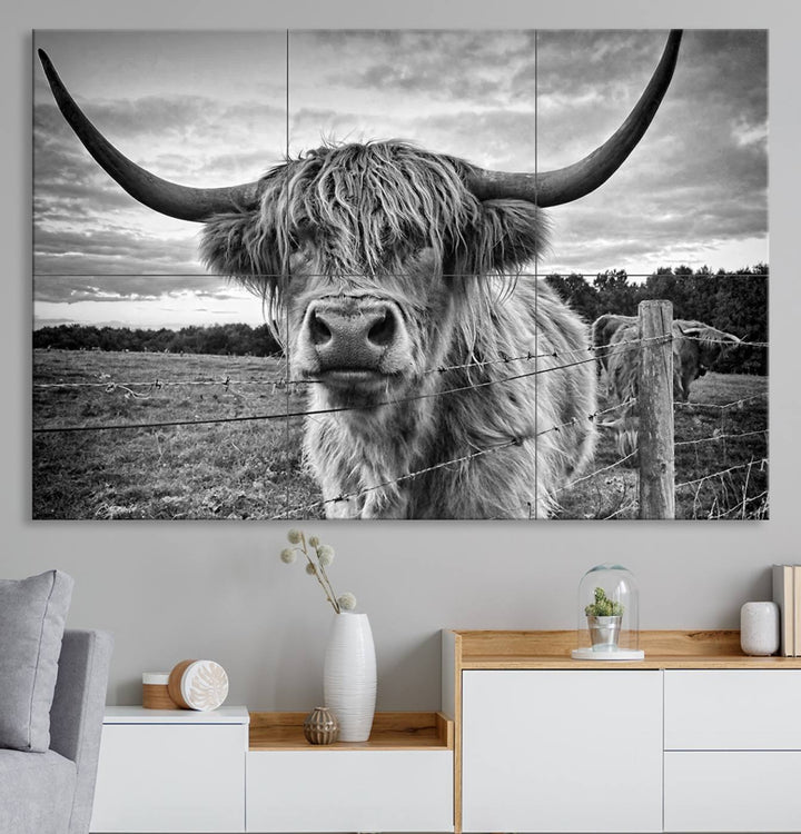 Scottish Highland Cow Wall Art Canvas Print | Ready to Hang and Framed | Rustic Farmhouse Decor