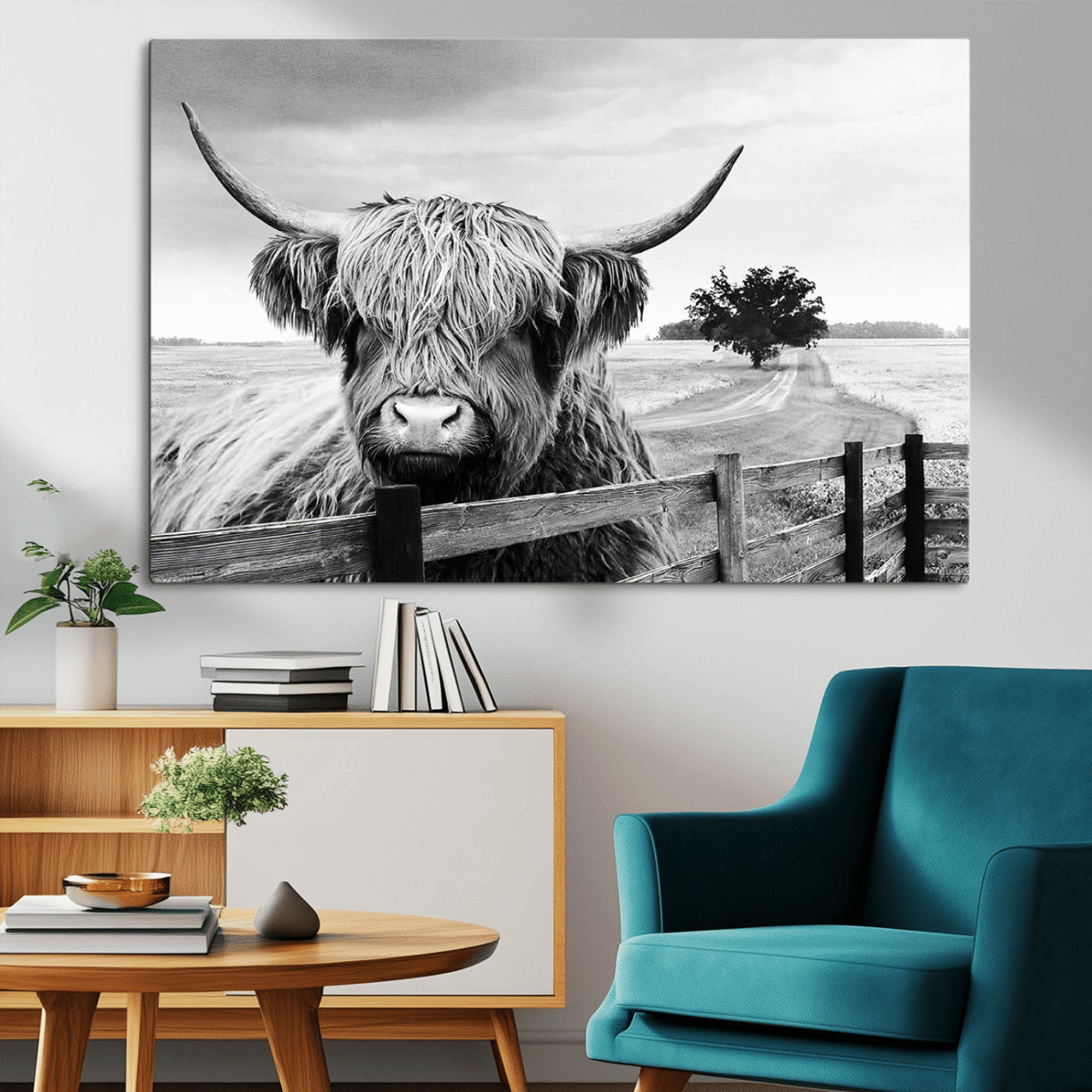 MGV-CV-36X24 - Scottish Highland Cow Wall Art | Rustic Farmhouse Décor | Black and White Ready to Hang Canvas Print