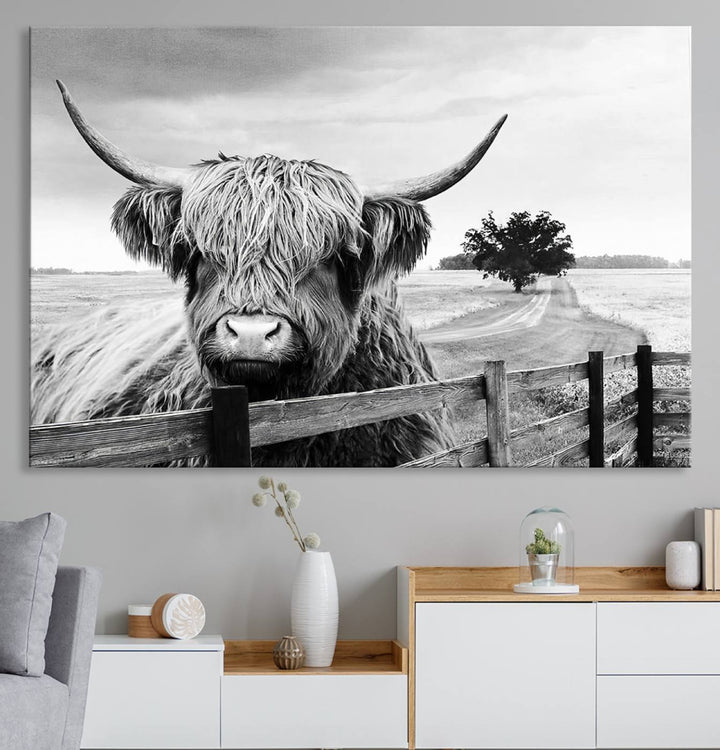 Scottish Highland Cow Wall Art | Rustic Farmhouse Décor | Black and White Ready to Hang Canvas Print