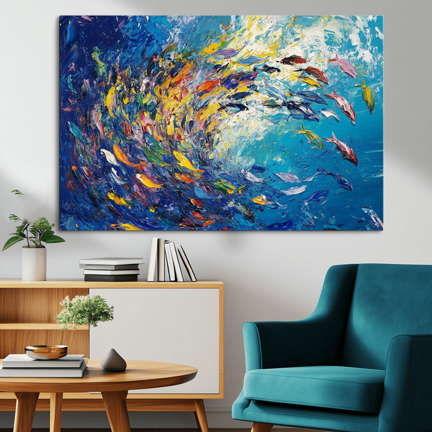 MGV-CV-36X24 - Colorful Swirling Fish School Wall Art Canvas Print | Oceanic Abstract Painting | Ready to Hang |