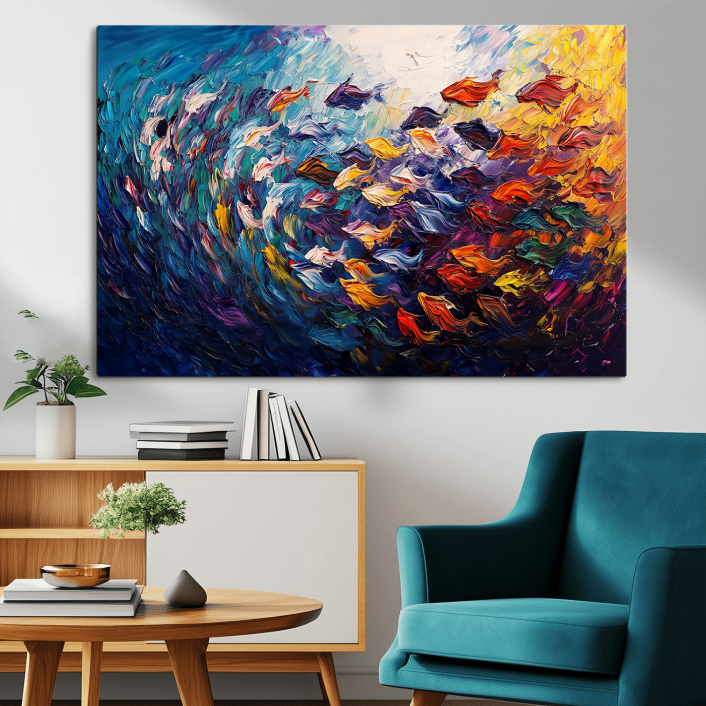 MGV-CV-36X24 - Vibrant Abstract Fish Swarm Art – Colorful Fish Inspired 3-Piece Canvas Wall Art for Living Room or