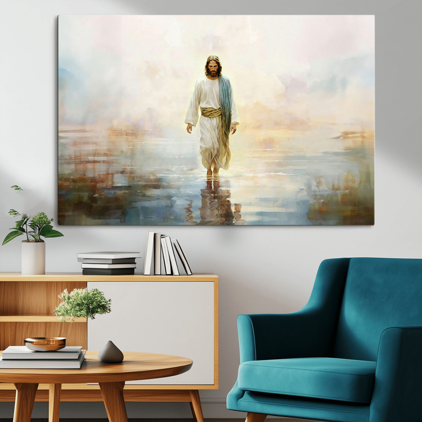 MGV-CV-36X24 - Framed Jesus Walking on Water Wall Art - 3-Panel Christian Canvas Prints, Religious Artwork for