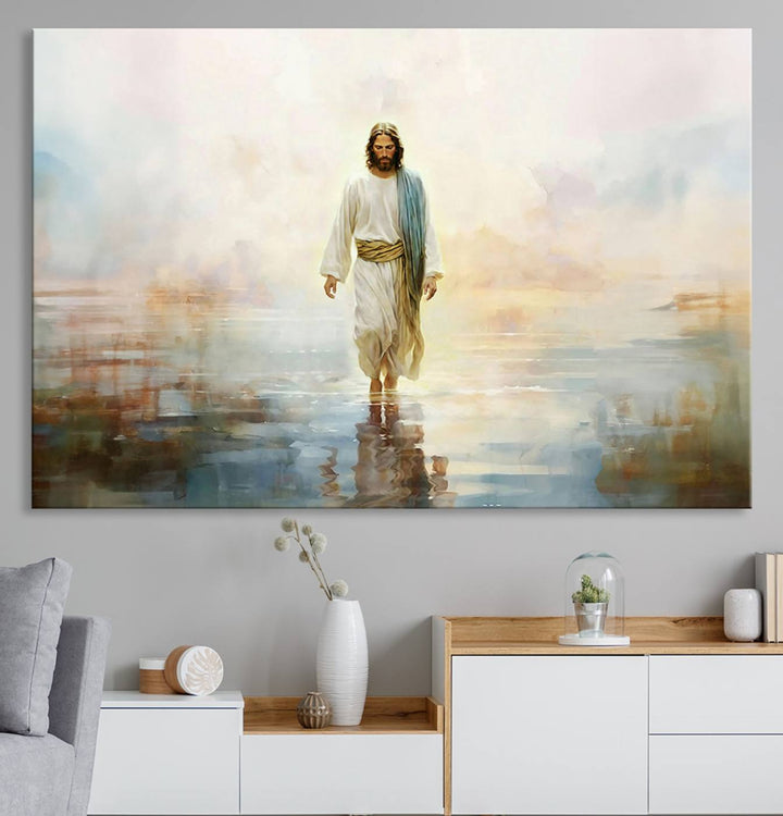 The 3-panel Framed Jesus Walking on Water Wall Art showcases a serene religious scene.