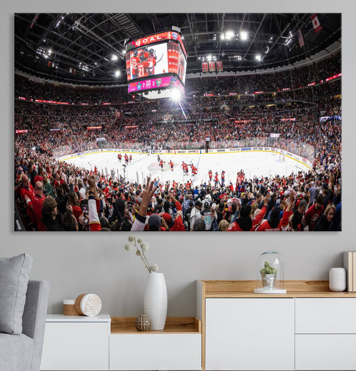 The wall art, a high-quality basketball arena canvas, evokes the excitement of fans cheering at the Amerant Bank Arena.