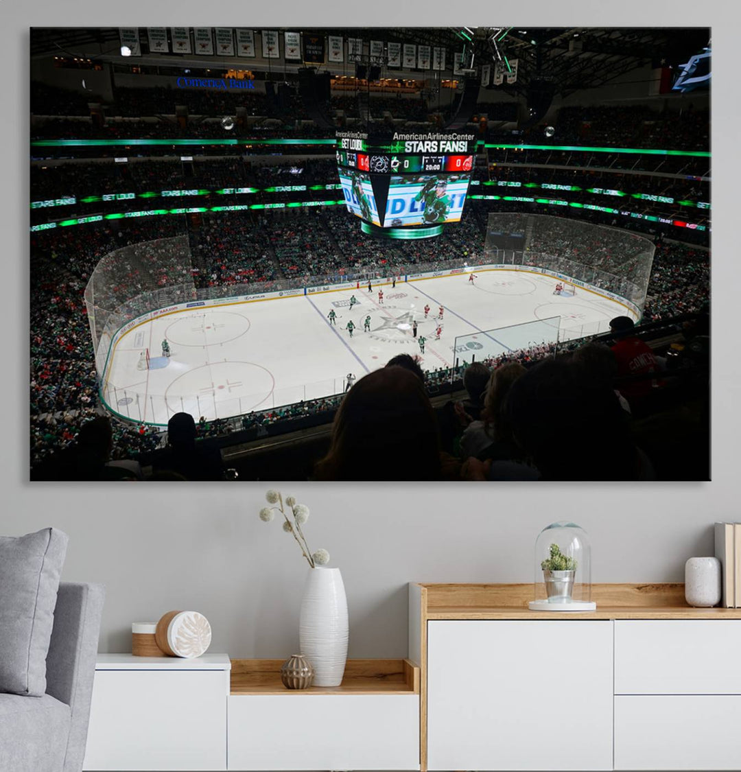 The Dallas Stars Wall Art Canvas Print is as clear as the scoreboard stats at a hockey game in a large arena with bright lights.