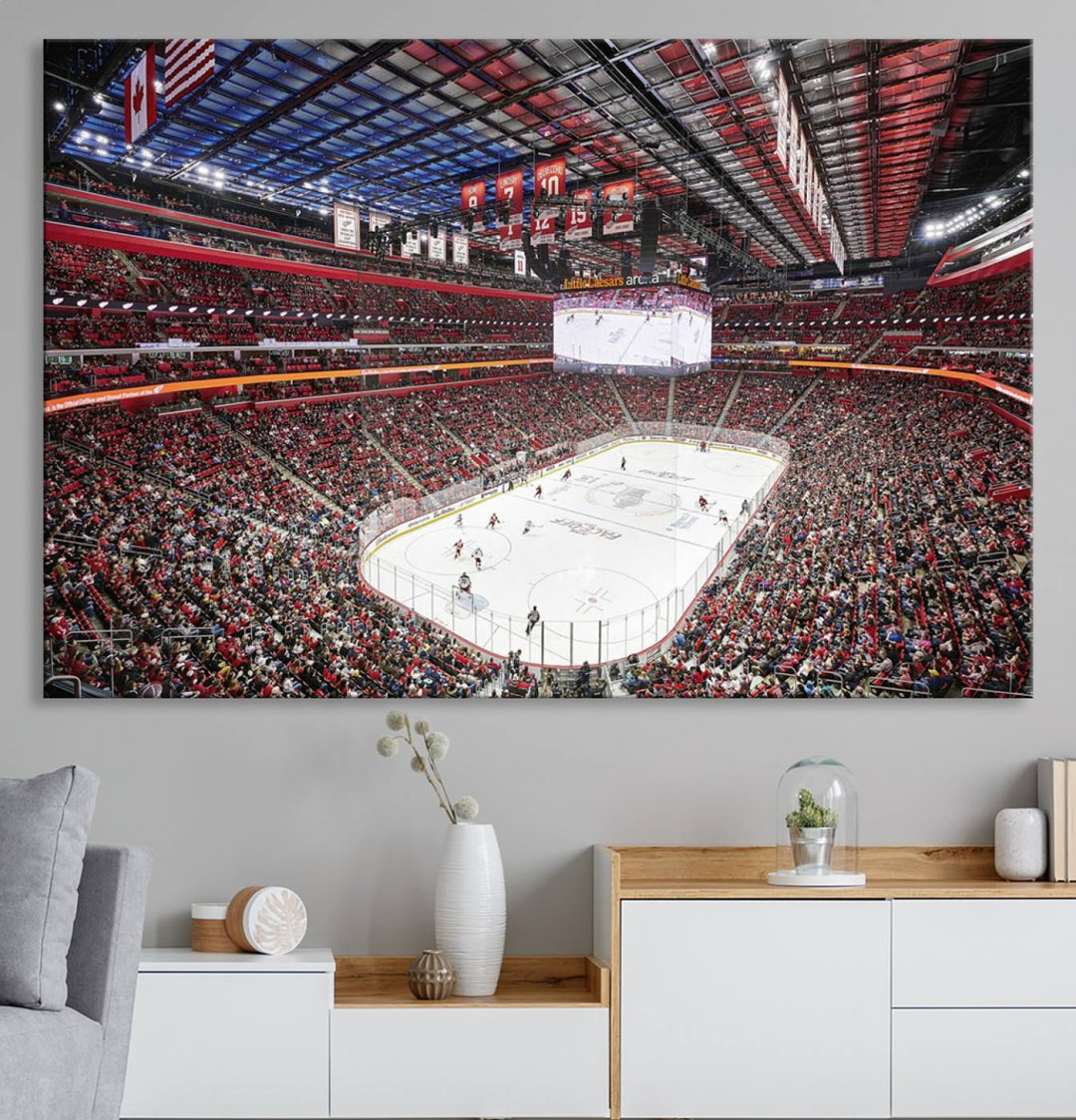 A Barton Malow canvas depicting Little Caesars Arena from above is beautifully printed in high resolution for your wall.