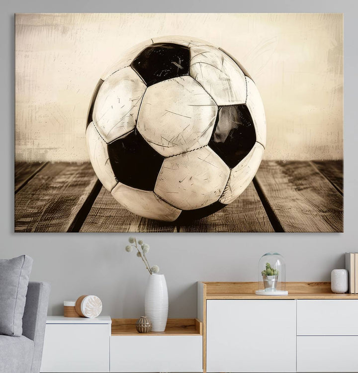 Vintage Soccer Ball Triptych Canvas Art – 3-Panel Soccer Wall Decor, Framed and Ready to Hang Sports Art for Home, Office, or Gym